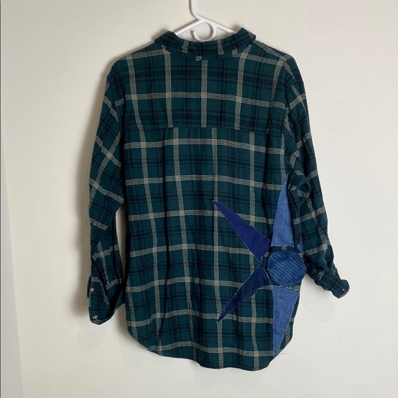 Handcrafted Sewn Green Flannel Denim Sun Print Unique Shirt Size M - Picture 1 of 7